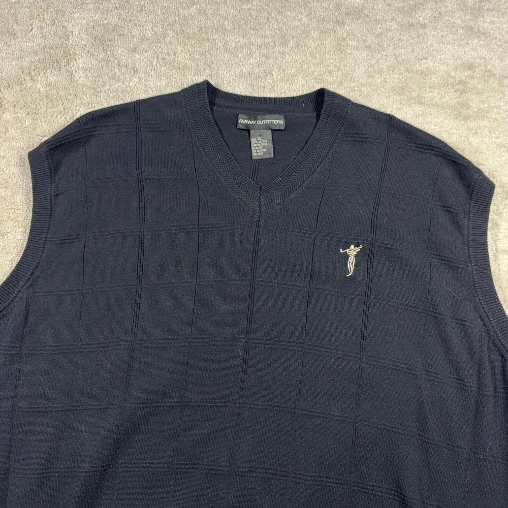 Fairway Outfitters Sweater Vest Men XL Black Cotton V-Neck Windowpane Golf Knit